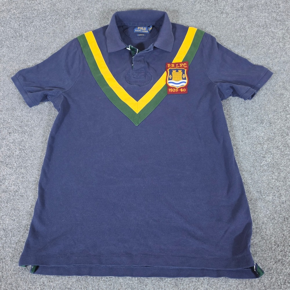 Polo Ralph Lauren Mens Navy Blue Rugby Crest Patch V-Chevron Polo Shirt Medium